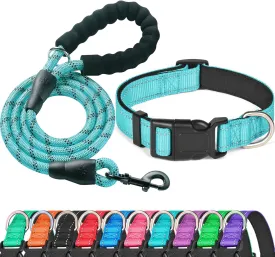 Reflective Dog Collar Padded with Soft Neoprene Breathable Adjustable Nylon Dog Collars for Small Medium Large Dogs (Medium (Pack of 1), Blue Collar Leash)