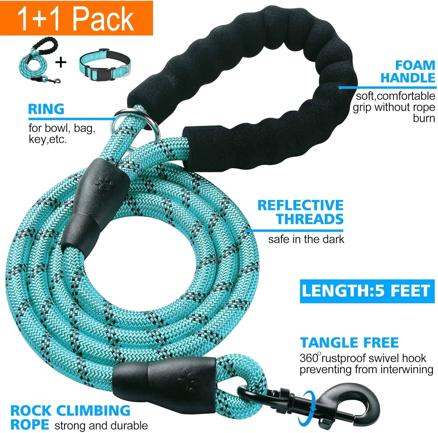 Reflective Dog Collar Padded with Soft Neoprene Breathable Adjustable Nylon Dog Collars for Small Medium Large Dogs (Medium (Pack of 1), Blue Collar Leash)