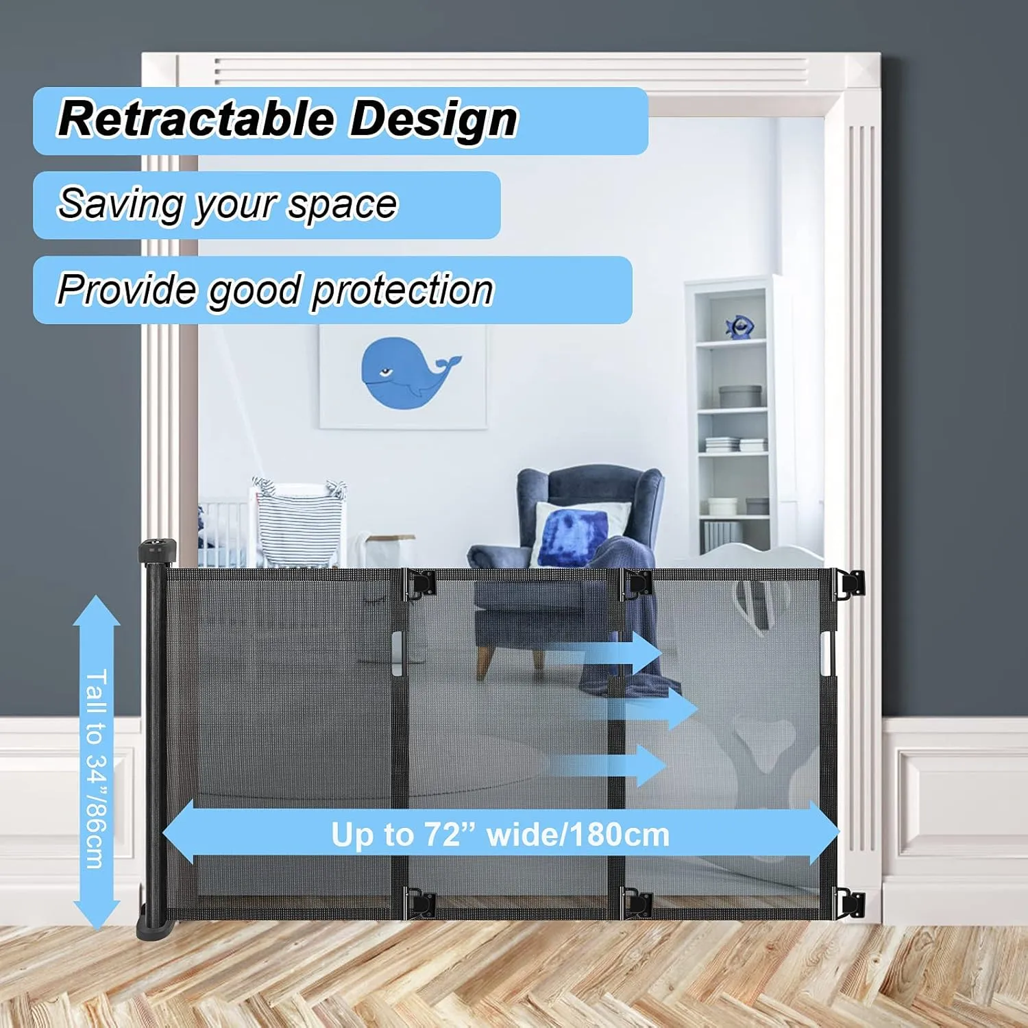 Retractable Baby Gate for Stairs, PRObebi Retractable Dog Gate 34" Tall Extends to 72" Wide, Retractable Safety Gate for Indoor/Outdoor/Stairs/Doorways/Deck/Banisters (White)