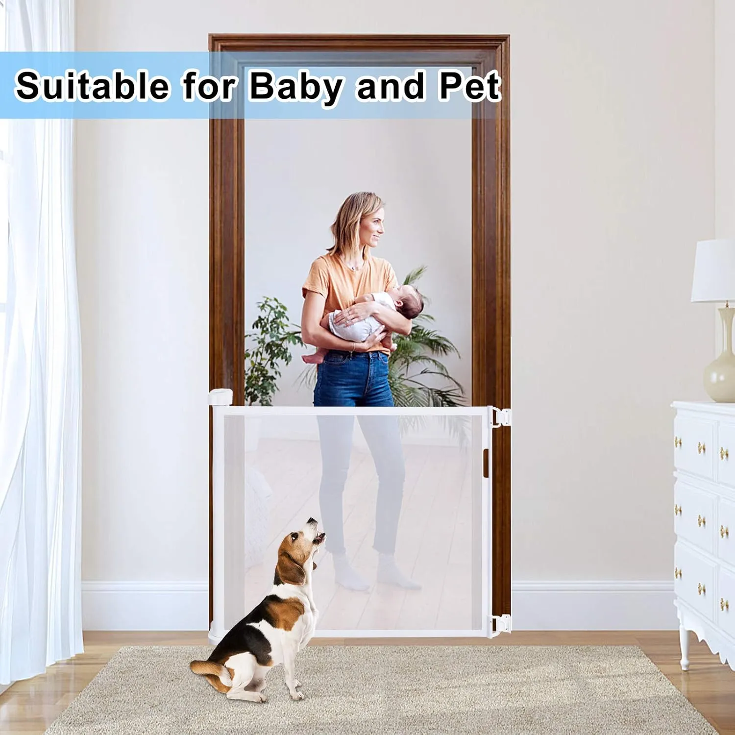 Retractable Baby Gate for Stairs, PRObebi Retractable Dog Gate 34" Tall Extends to 72" Wide, Retractable Safety Gate for Indoor/Outdoor/Stairs/Doorways/Deck/Banisters (White)