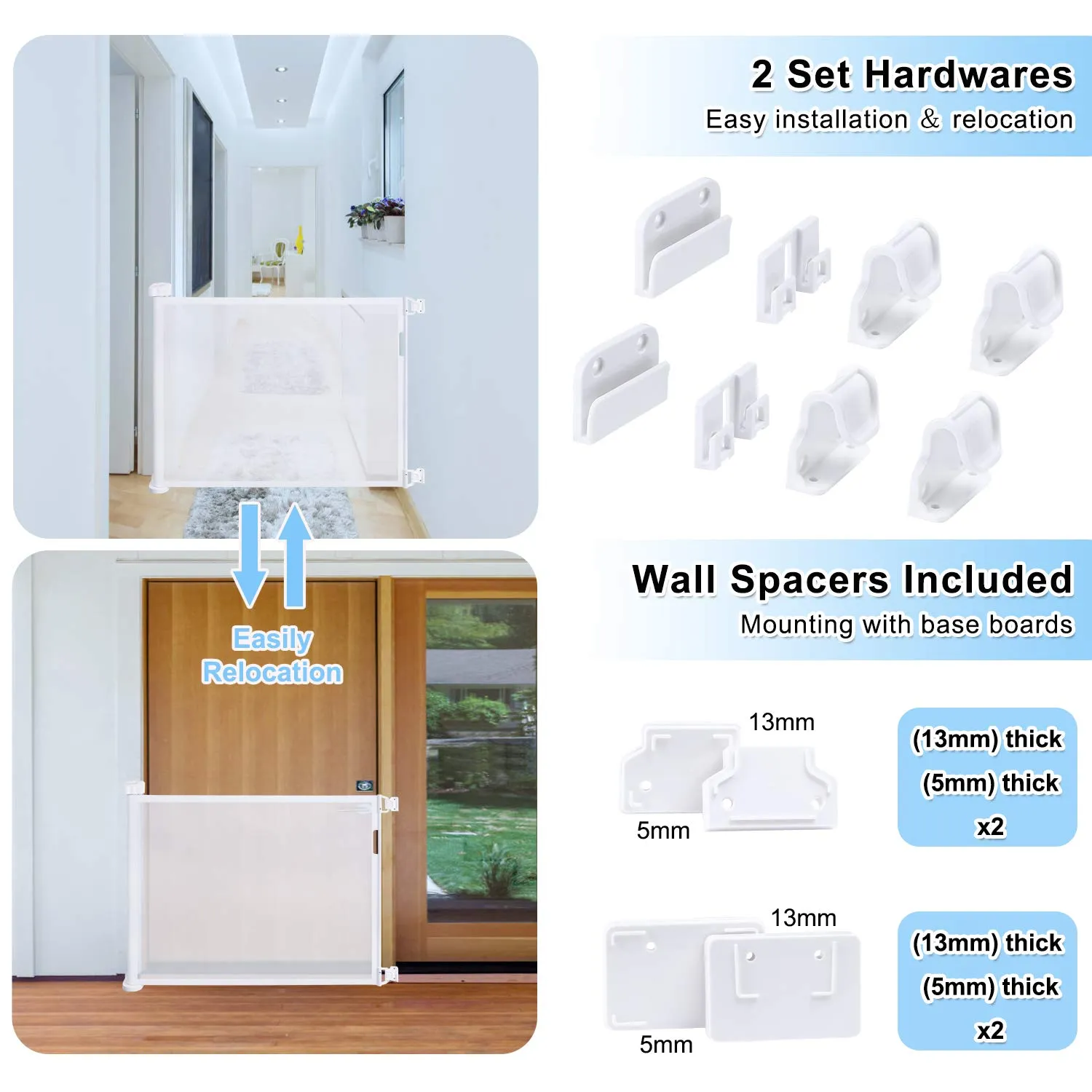 Retractable Baby Gate for Stairs, PRObebi Retractable Dog Gate 34" Tall Extends to 72" Wide, Retractable Safety Gate for Indoor/Outdoor/Stairs/Doorways/Deck/Banisters (White)