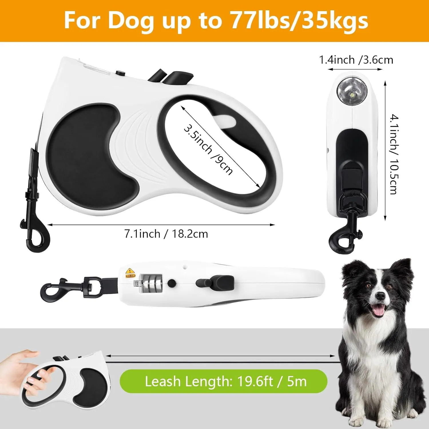 Retractable Dog Leash with Flashlight, 16ft Dog Walking Leash for Dogs up to 77lbs, 360 Tangle-Free Nylonup Leash, Anti-Slip Handle -White