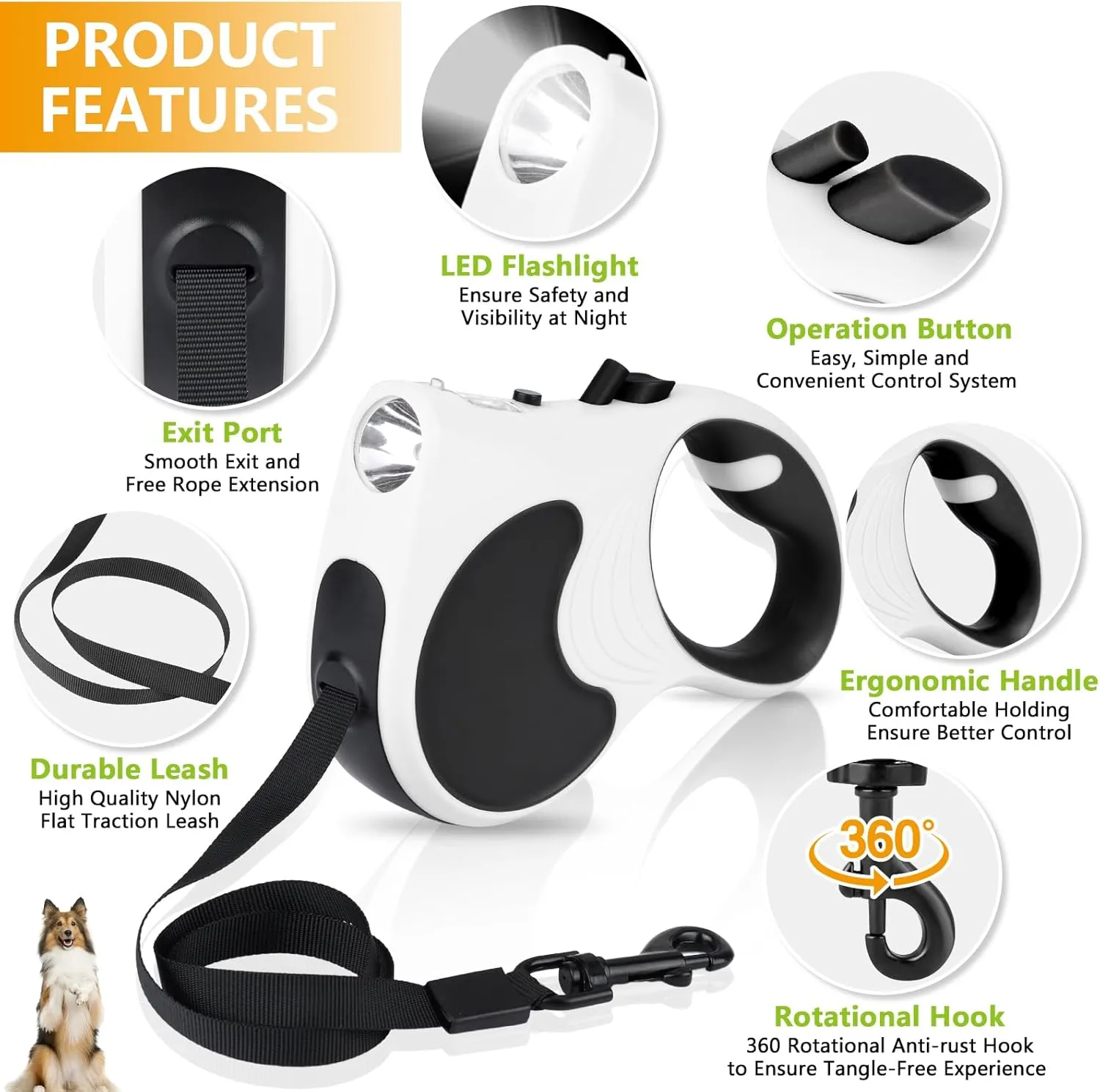 Retractable Dog Leash with Flashlight, 16ft Dog Walking Leash for Dogs up to 77lbs, 360 Tangle-Free Nylonup Leash, Anti-Slip Handle -White