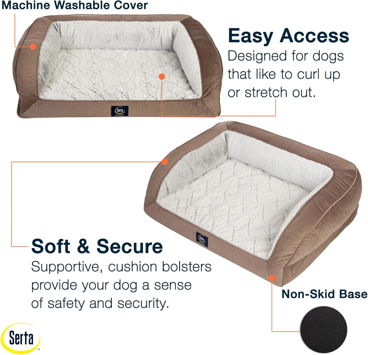 Serta Orthopedic Quilted Couch Dog Bed for Pets  Chocolate Brown (Large)