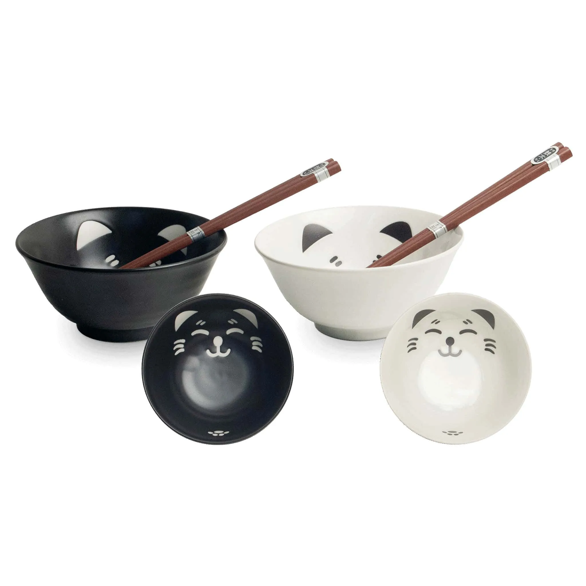 Set of 2 Lucky Cat Japanese Rice Bowls with Chopsticks