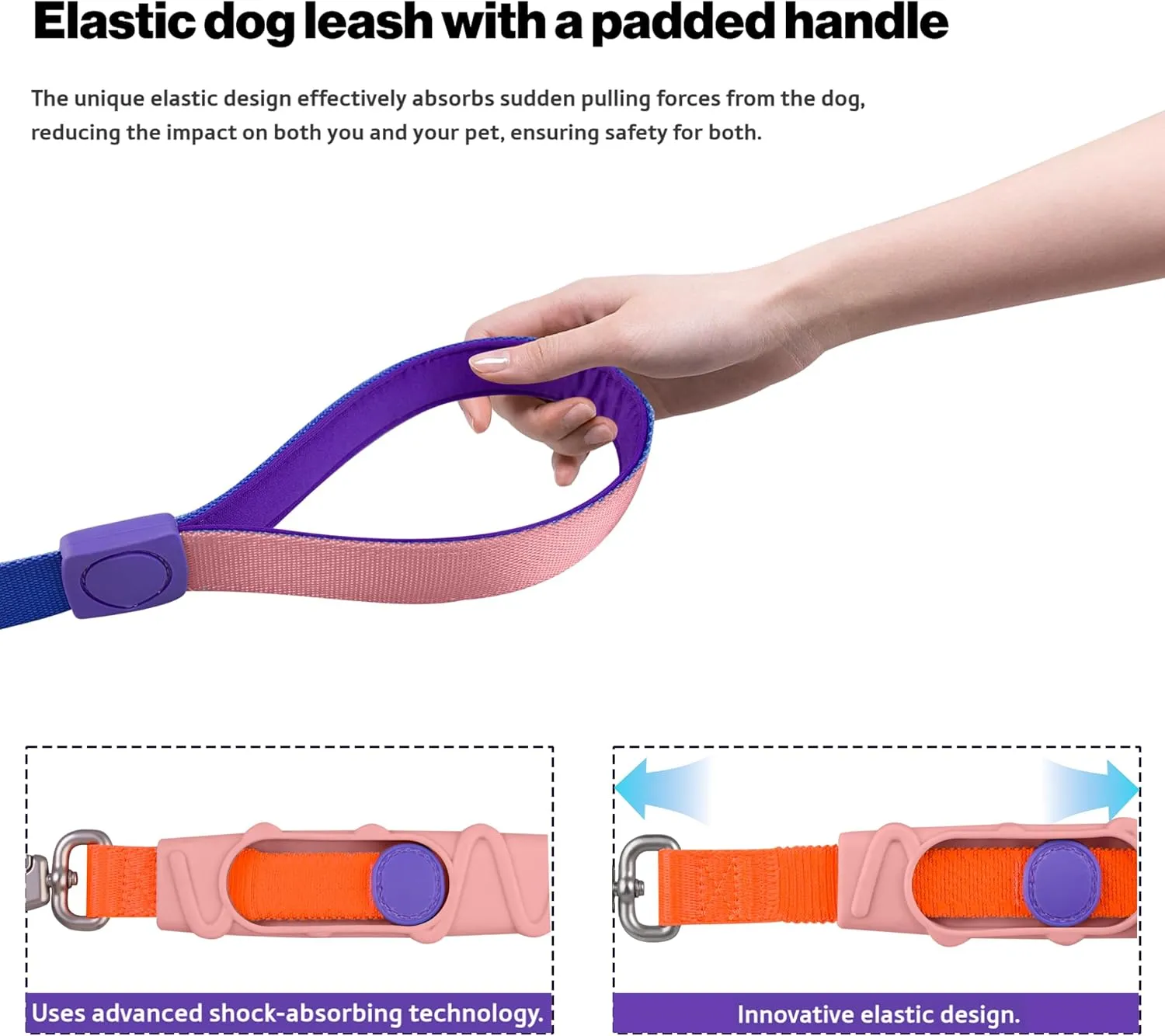 Shock Absorbing Dog Leash, Bungee Dog Leash with Swivel Lockable Hook & Padded Handle, No-Pull Lead for All Dog Sizes - Enhances Safety & Comfort for Outdoor Walks (Pink, Curve Strap)