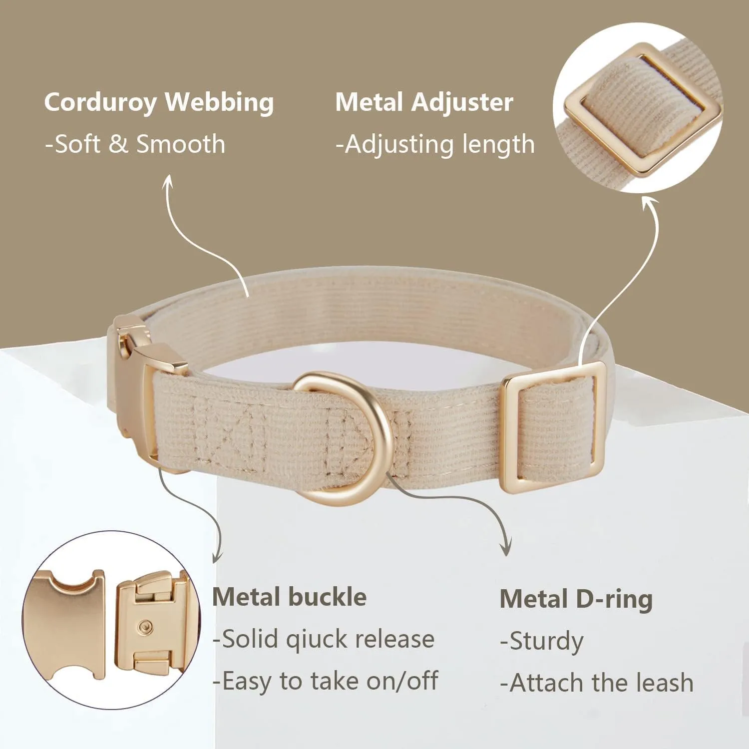 Soft Corduroy Dog Collar and Leash Set, Adjustable Cotton Dog Collars with Metal Buckle and Lead for Small Dogs,Beige