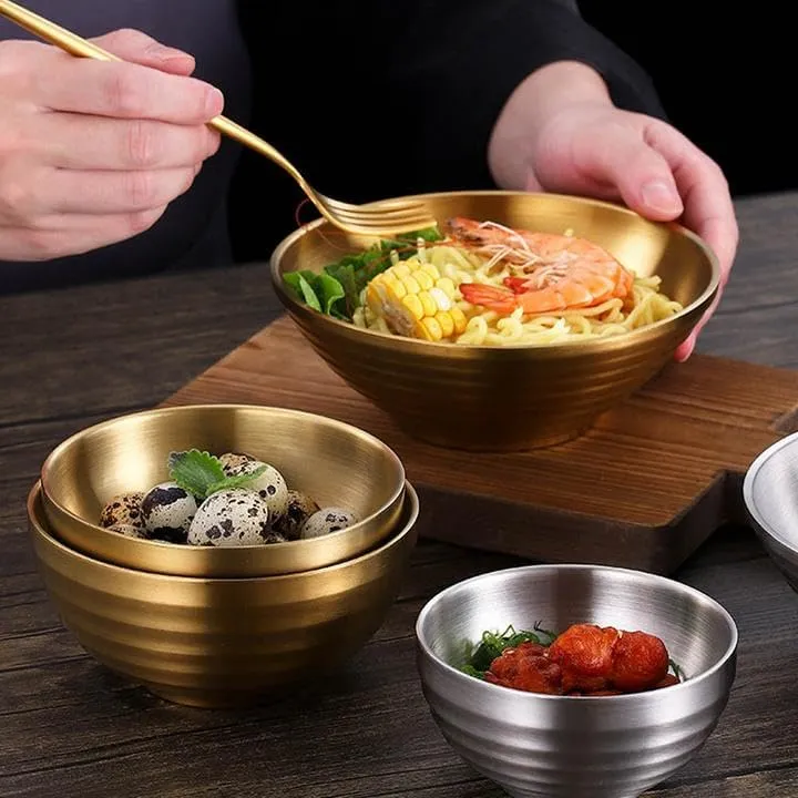 Stainless Steel Bowl Set of 3 Food Serving Bowls for Cereal Soup Ice Cream Rice Noodles Salad Snacks - Gold