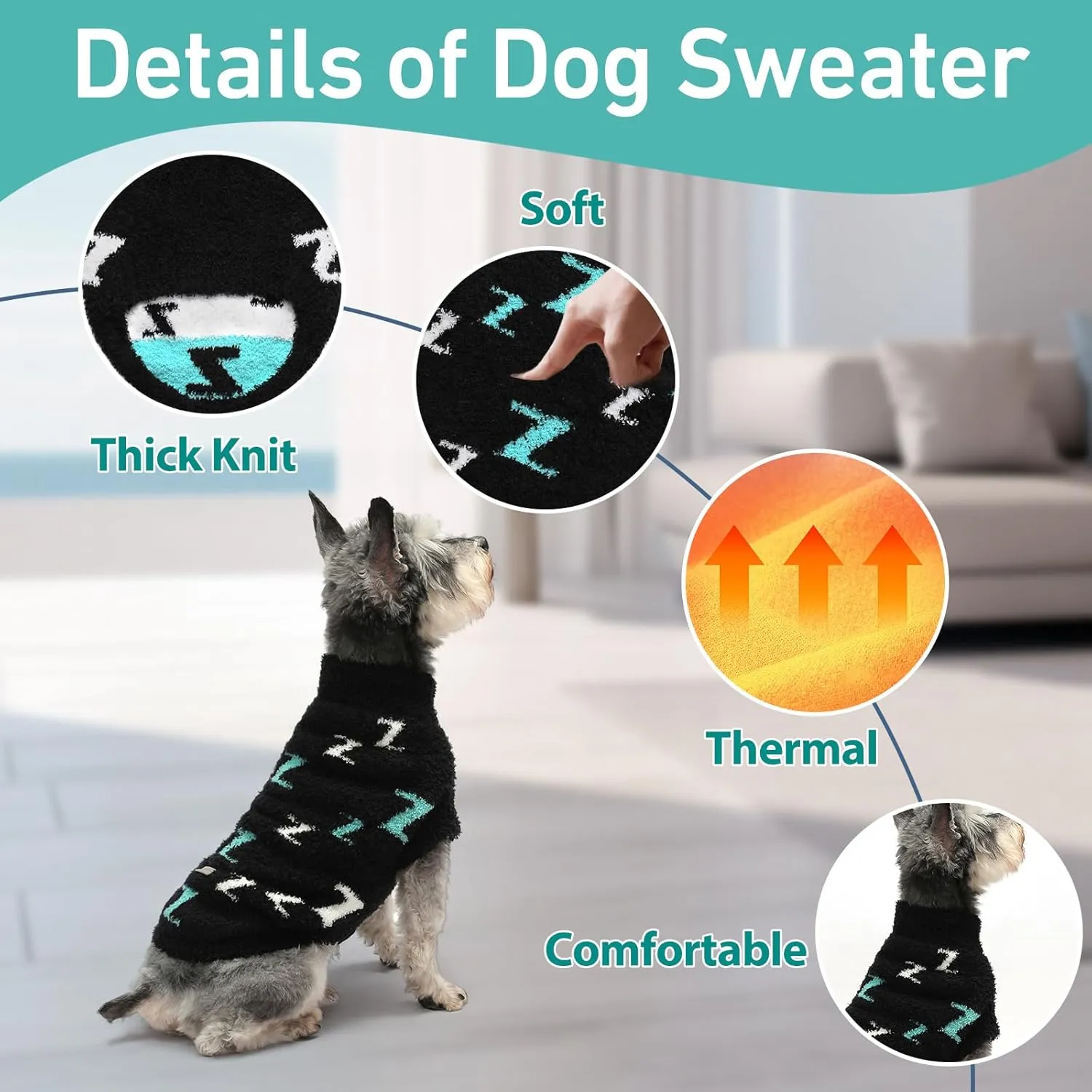 Sweater for Small Dogs - Boy Girl Pullover, Cold Weather Cable Knitwear, Thick Warm Outfit for Chihuahua, Bulldog, Dachshund, Pug, Yorkie (Black-XS)
