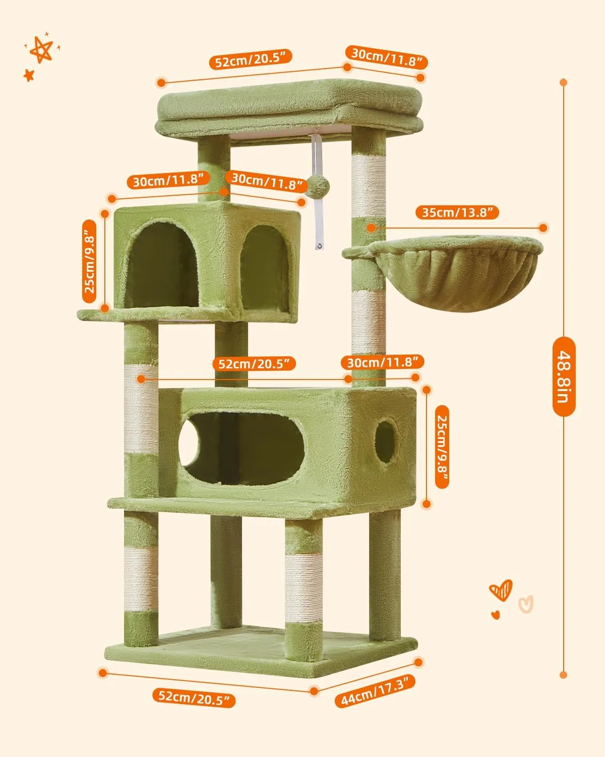 Taoqimiao Cat Tree,49-Inch Cat Tower for Indoor Cats,2 Luxurious cat condo with Adjustable Large Hanging Baskets and Large Luxurious Perch Green MS029LGR