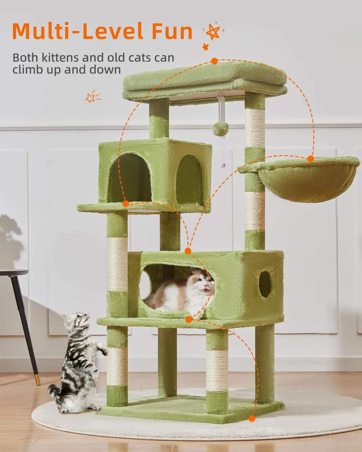 Taoqimiao Cat Tree,49-Inch Cat Tower for Indoor Cats,2 Luxurious cat condo with Adjustable Large Hanging Baskets and Large Luxurious Perch Green MS029LGR