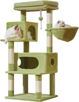 Taoqimiao Cat Tree,49-Inch Cat Tower for Indoor Cats,2 Luxurious cat condo with Adjustable Large Hanging Baskets and Large Luxurious Perch Green MS029LGR