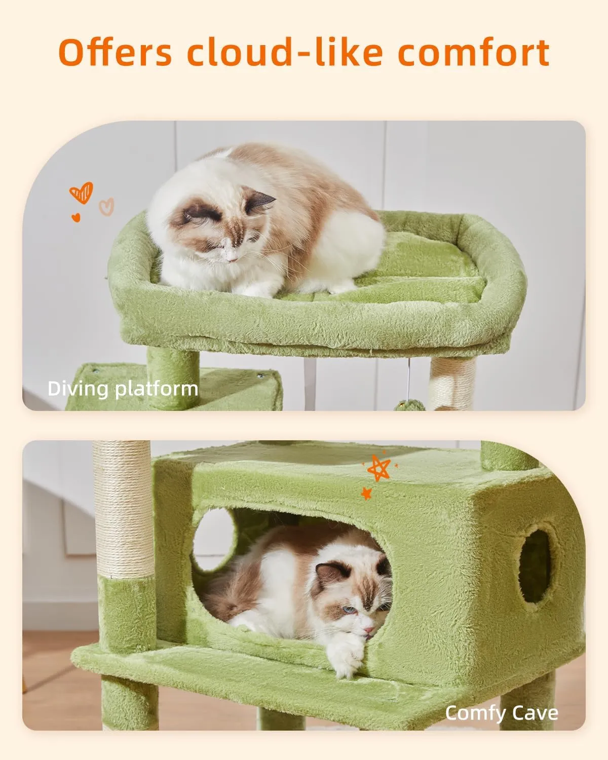 Taoqimiao Cat Tree,49-Inch Cat Tower for Indoor Cats,2 Luxurious cat condo with Adjustable Large Hanging Baskets and Large Luxurious Perch Green MS029LGR