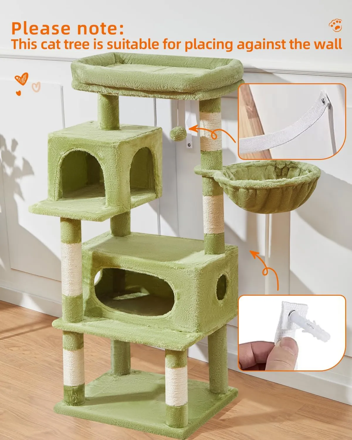 Taoqimiao Cat Tree,49-Inch Cat Tower for Indoor Cats,2 Luxurious cat condo with Adjustable Large Hanging Baskets and Large Luxurious Perch Green MS029LGR