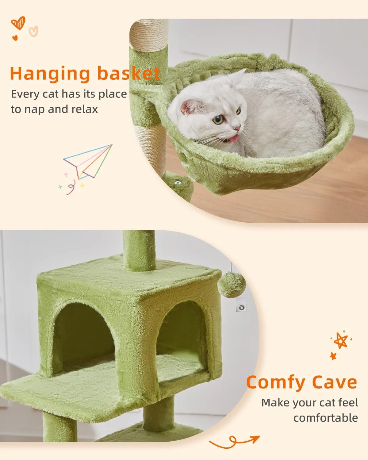 Taoqimiao Cat Tree,49-Inch Cat Tower for Indoor Cats,2 Luxurious cat condo with Adjustable Large Hanging Baskets and Large Luxurious Perch Green MS029LGR