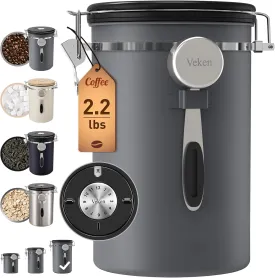 Veken Coffee Canister, 39OZ Large, Airtight Stainless Steel Food Storage Container for 2.2lbs Coffee Beans, Ground, Sugar, Tea, Flour, Cereal, Kitchen Bar Accessories with Date Tracker & Scoop, Gray