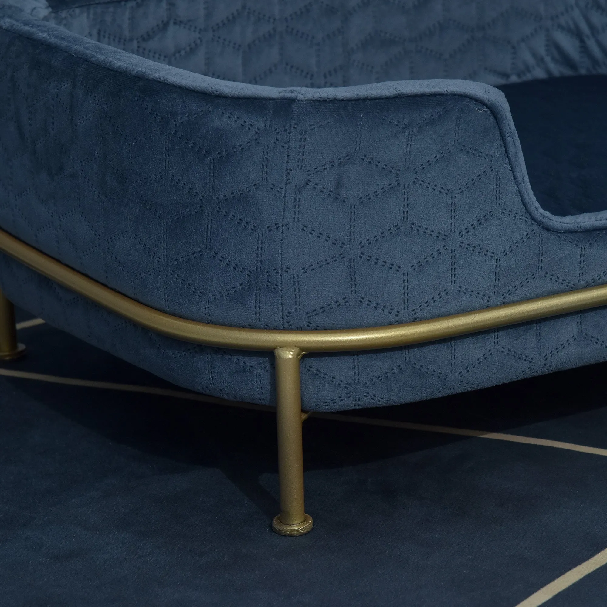 Velvet Upholstered Elevated Small Pet Bed Blue/Gold