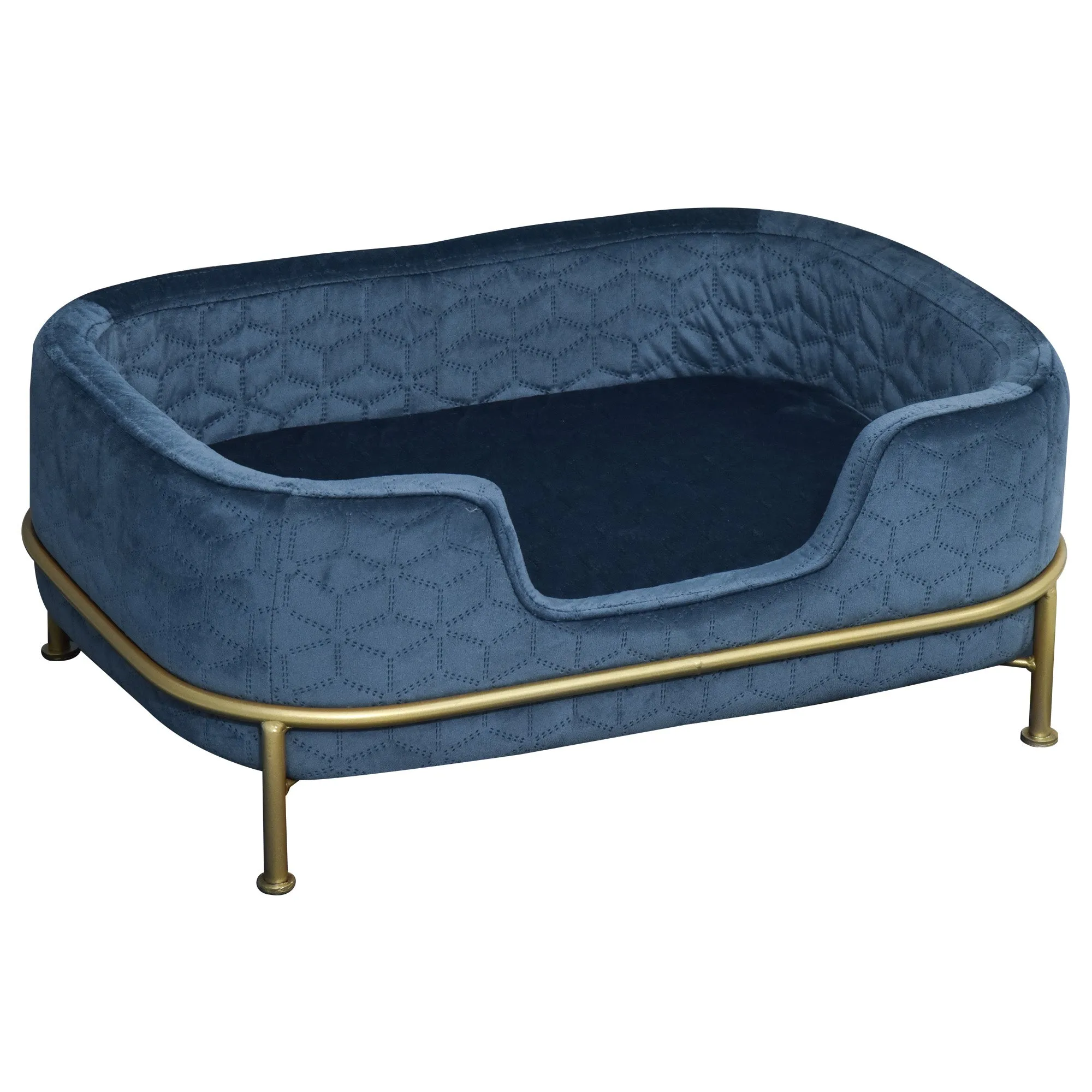 Velvet Upholstered Elevated Small Pet Bed Blue/Gold