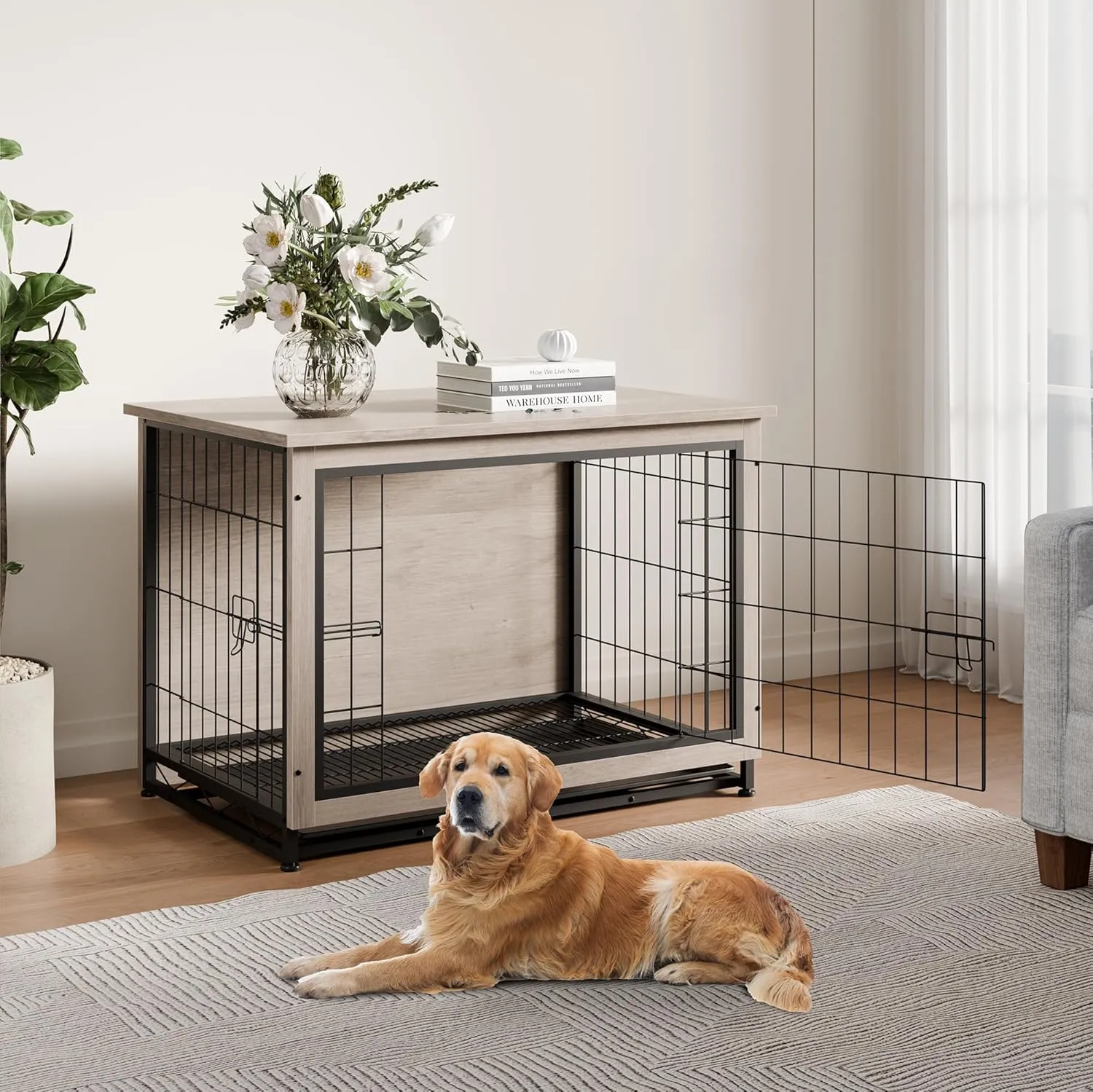 Vongrasig Dog Crate Furniture, Side End Table, Modern Wooden Kennel for Dogs Indoor, Heavy-Duty Dog Cage with Multi-Purpose Removable Tray, Double-Door Dog House, Grey
