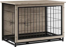 Vongrasig Dog Crate Furniture, Side End Table, Modern Wooden Kennel for Dogs Indoor, Heavy-Duty Dog Cage with Multi-Purpose Removable Tray, Double-Door Dog House, Grey