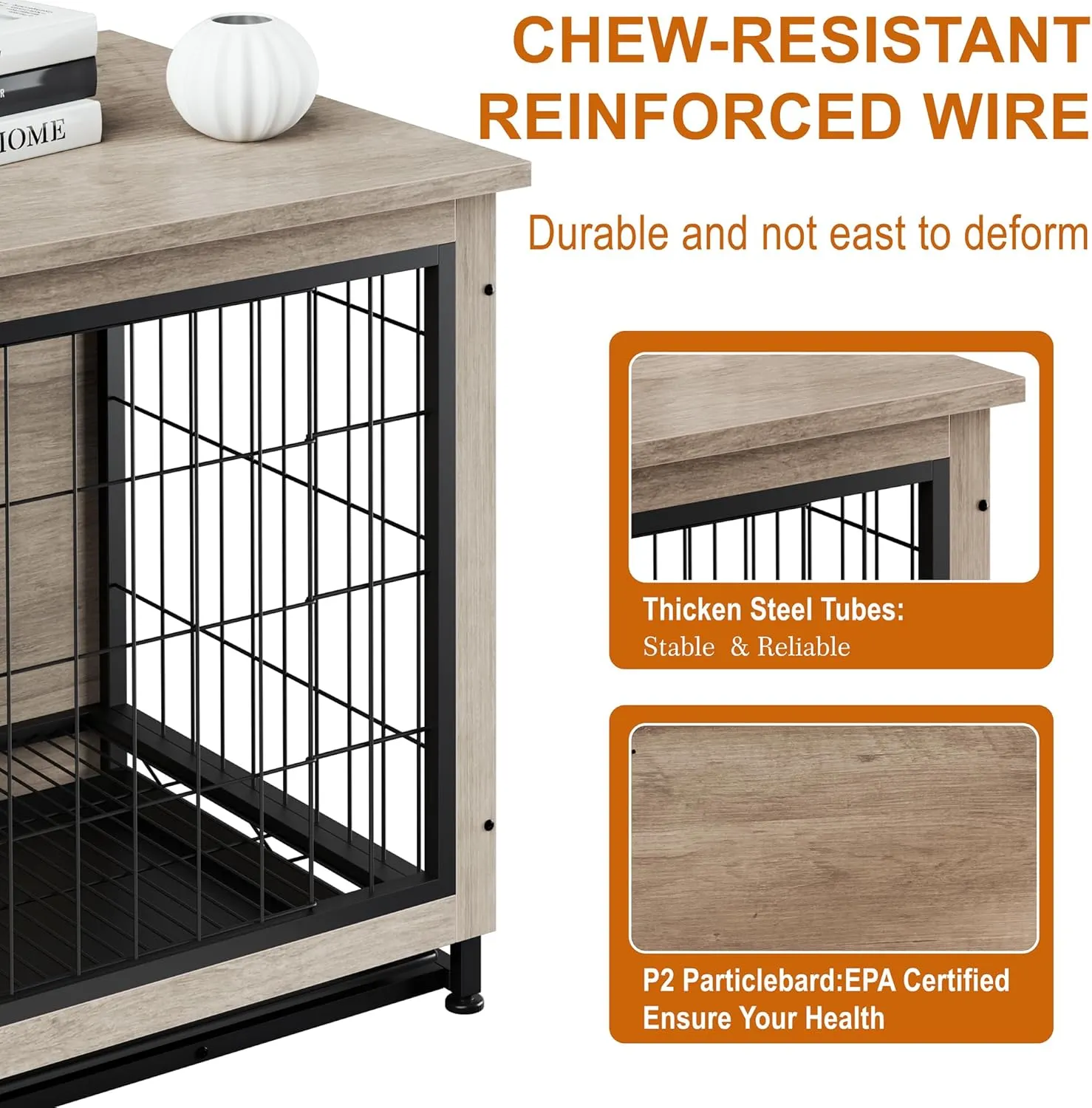 Vongrasig Dog Crate Furniture, Side End Table, Modern Wooden Kennel for Dogs Indoor, Heavy-Duty Dog Cage with Multi-Purpose Removable Tray, Double-Door Dog House, Grey