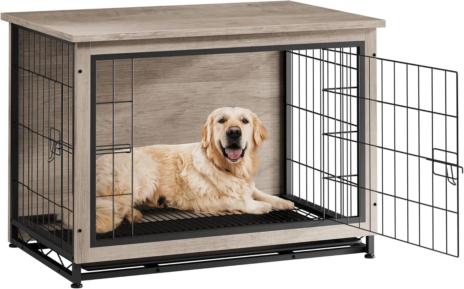 Vongrasig Dog Crate Furniture, Side End Table, Modern Wooden Kennel for Dogs Indoor, Heavy-Duty Dog Cage with Multi-Purpose Removable Tray, Double-Door Dog House, Grey