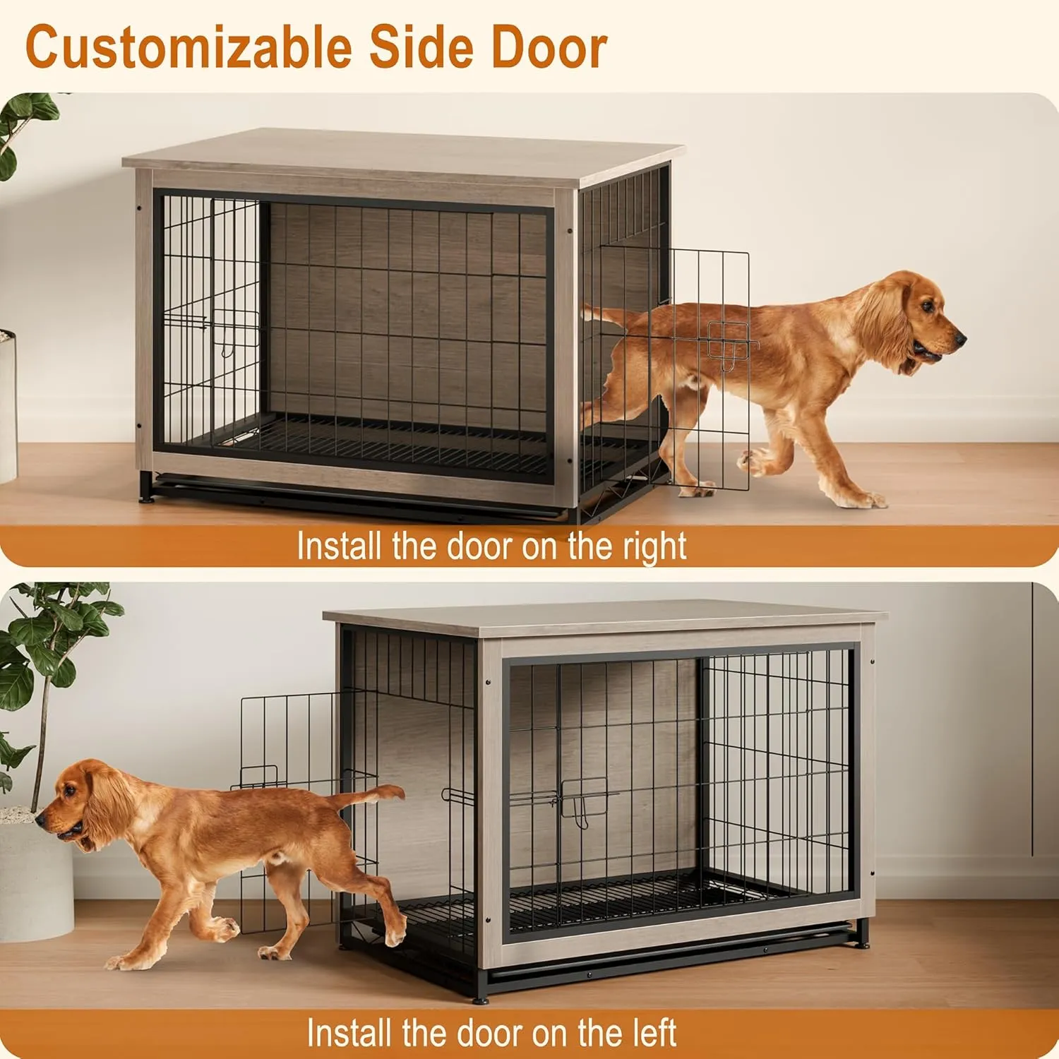 Vongrasig Dog Crate Furniture, Side End Table, Modern Wooden Kennel for Dogs Indoor, Heavy-Duty Dog Cage with Multi-Purpose Removable Tray, Double-Door Dog House, Grey