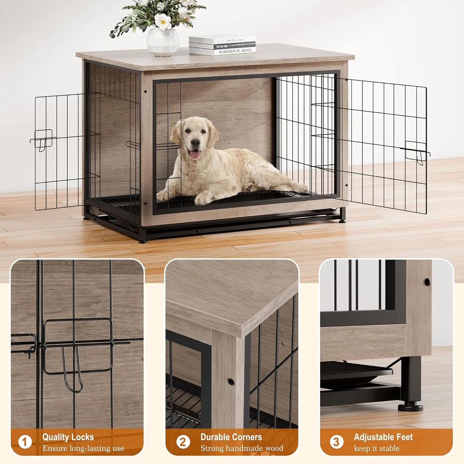 Vongrasig Dog Crate Furniture, Side End Table, Modern Wooden Kennel for Dogs Indoor, Heavy-Duty Dog Cage with Multi-Purpose Removable Tray, Double-Door Dog House, Grey