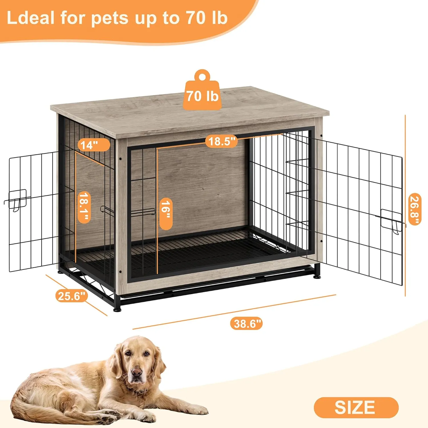 Vongrasig Dog Crate Furniture, Side End Table, Modern Wooden Kennel for Dogs Indoor, Heavy-Duty Dog Cage with Multi-Purpose Removable Tray, Double-Door Dog House, Grey