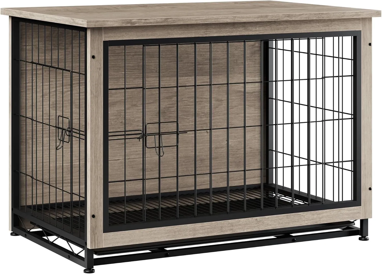 Vongrasig Dog Crate Furniture, Side End Table, Modern Wooden Kennel for Dogs Indoor, Heavy-Duty Dog Cage with Multi-Purpose Removable Tray, Double-Door Dog House, Grey