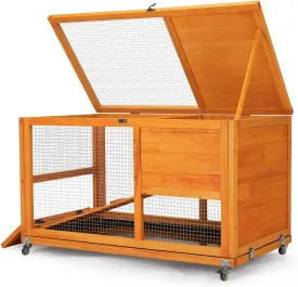 Wooden 36Inches Rabbit Hutch Indoor with Wheels Bunny Cage Outdoor Durable Wide Space Rabbit Cage with Tray, Openable Roof, Anti-Slip Ramp for Small Bunny Rabbit (Orange)