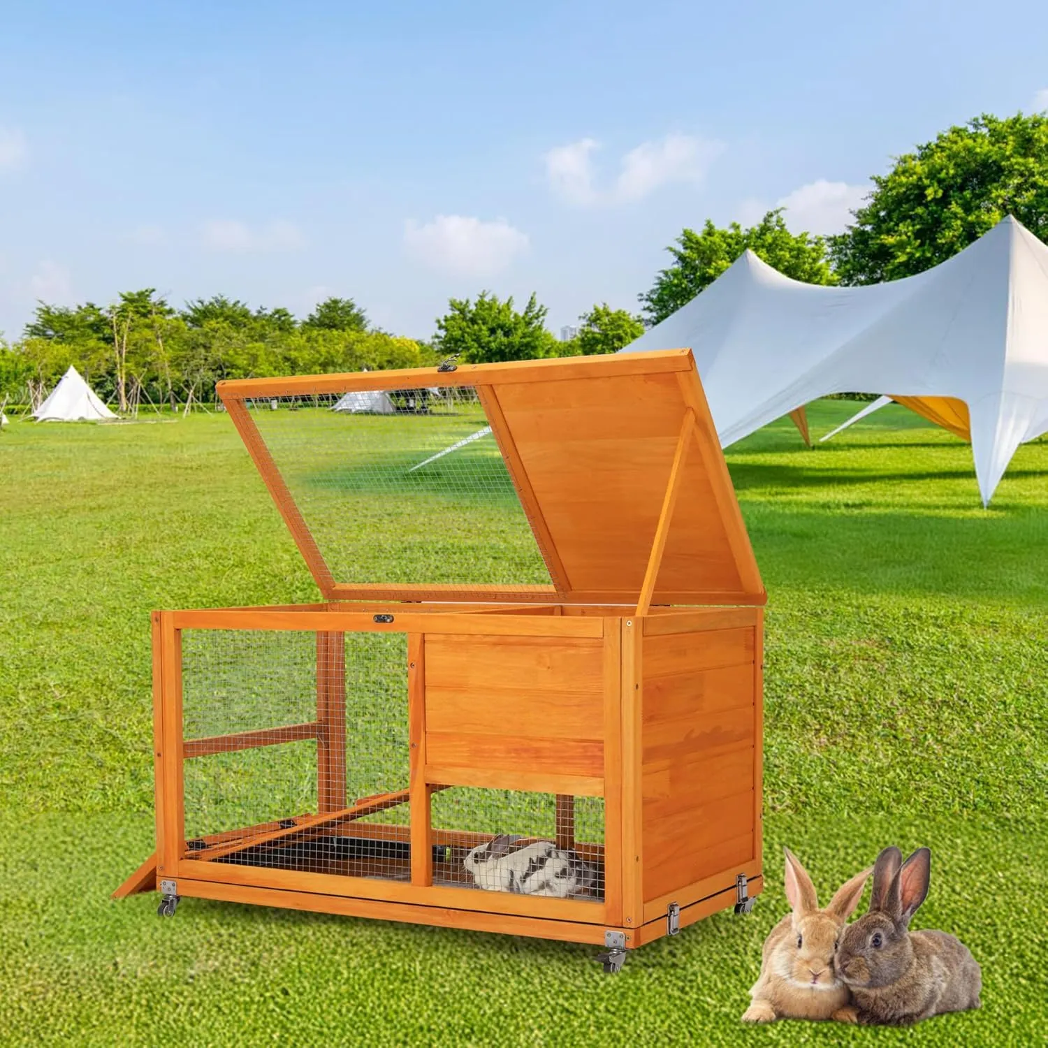 Wooden 36Inches Rabbit Hutch Indoor with Wheels Bunny Cage Outdoor Durable Wide Space Rabbit Cage with Tray, Openable Roof, Anti-Slip Ramp for Small Bunny Rabbit (Orange)